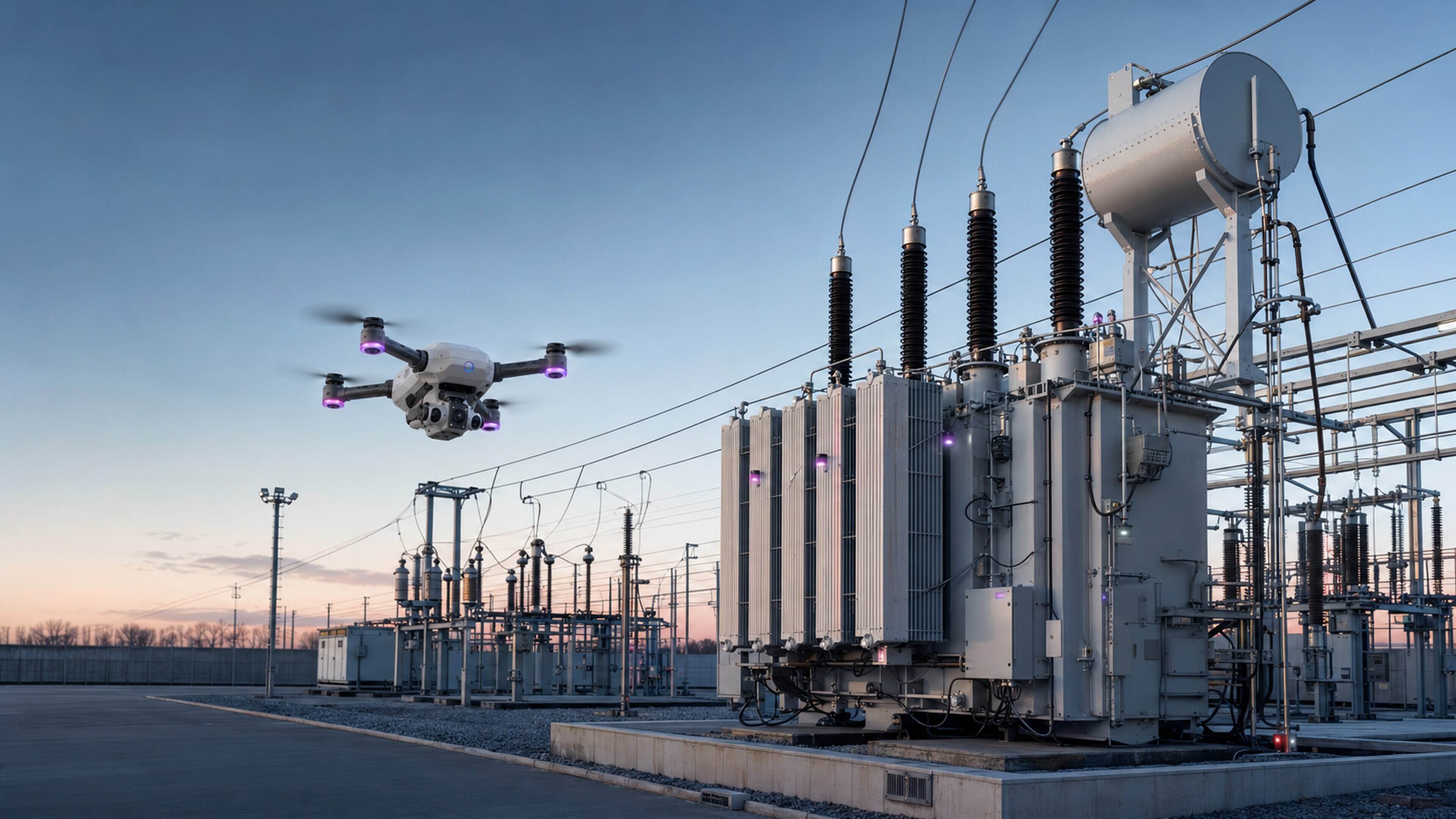 Drone inspecting a power transformer in a substation