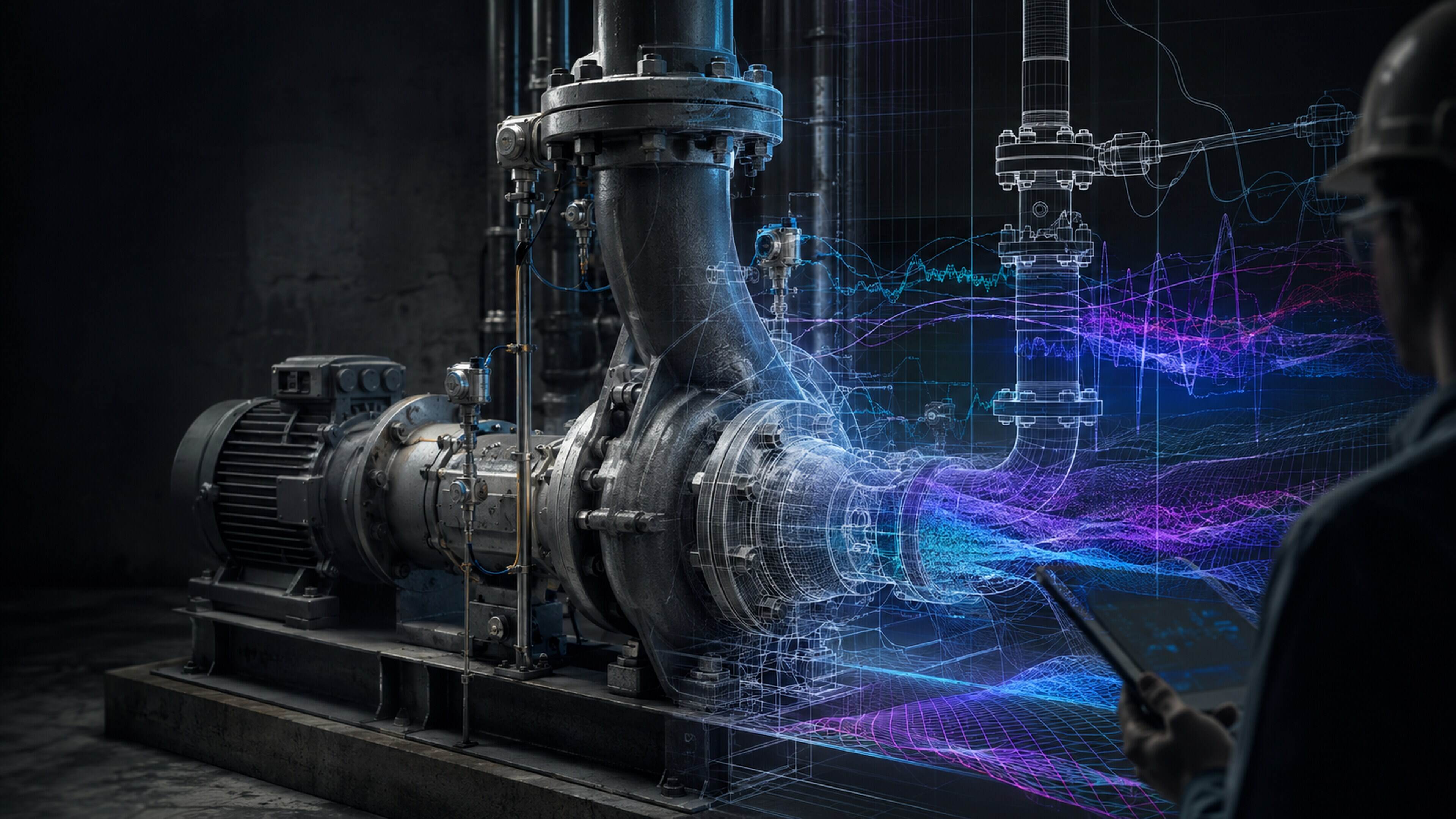 Industrial pump with layered analytical traces representing hybrid reasoning