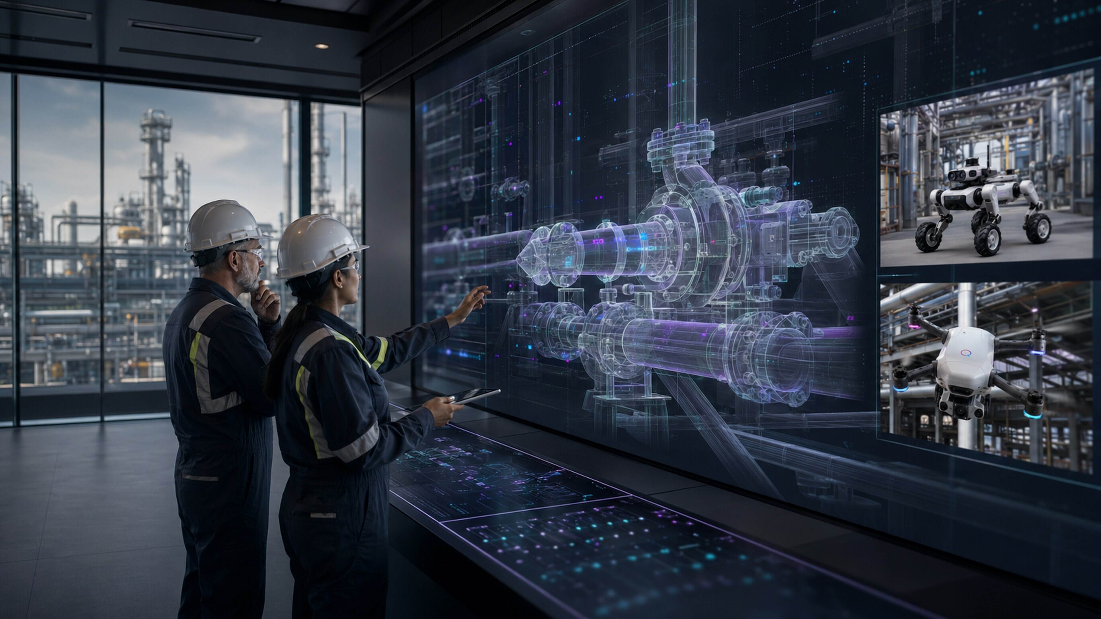 Engineers reviewing a versioned digital representation of industrial equipment