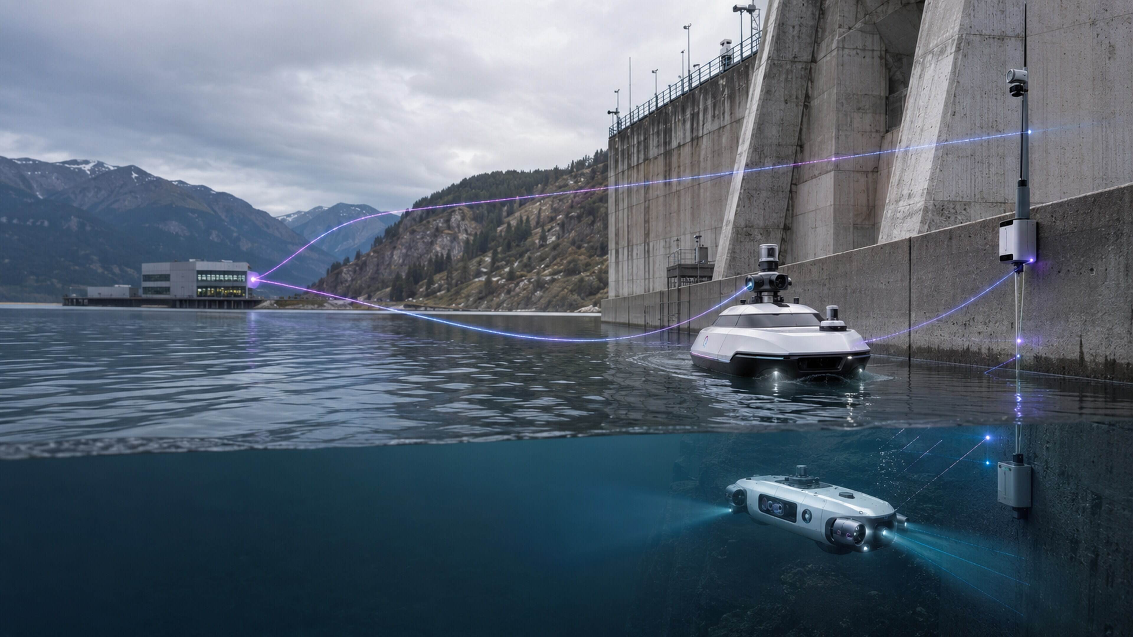 Surface and subsea robotic systems inspecting a dam
