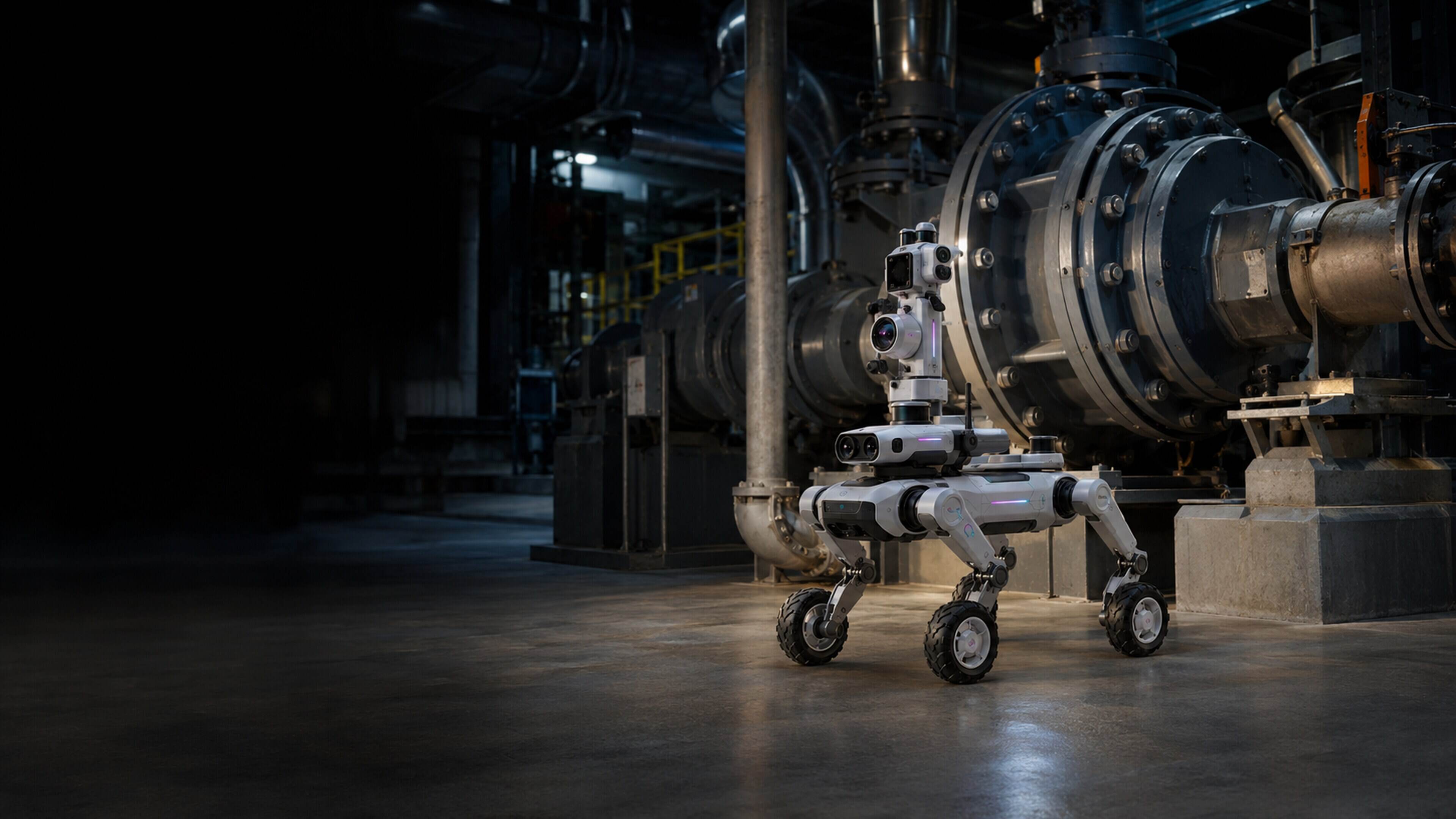 Wheeled quadruped positioned beside industrial piping